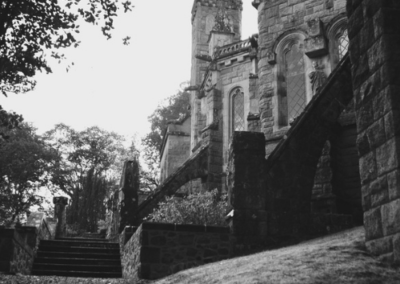 St Conan's Kirk, a Scottish church with Gothic stone architecture in black and white