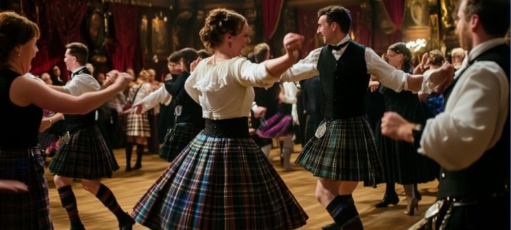 Dancers in kilts and formal dress spinning together at a traditional Scottish ceilidh, with a live band and audience in the background