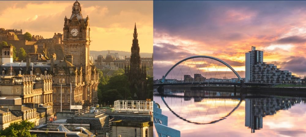 Split image comparing Edinburgh's Old Town skyline with the Balmoral clock tower and Scott Monument at sunset, and Glasgow's River Clyde with the Squinty Bridge reflected at dusk.