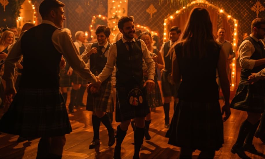 Wedding ceilidh dancing in kilts Guests in kilts dancing a ceilidh at a wedding reception, lit by fairy lights and string lighting